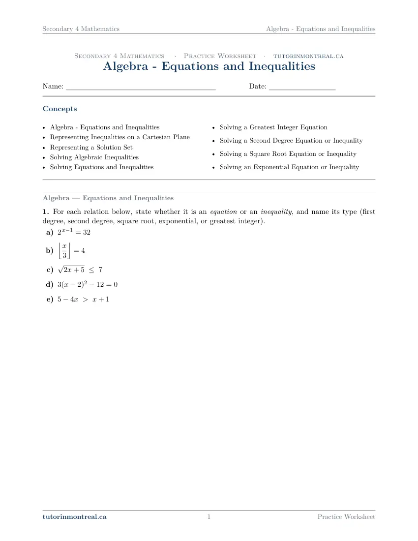 Page 1 of the Secondary 4 Math Equations and Inequalities practice worksheet