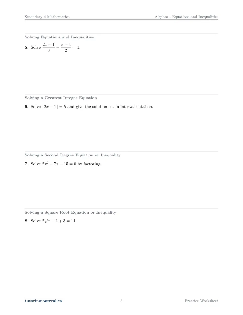 Page 3 of the Secondary 4 Math Equations and Inequalities practice worksheet