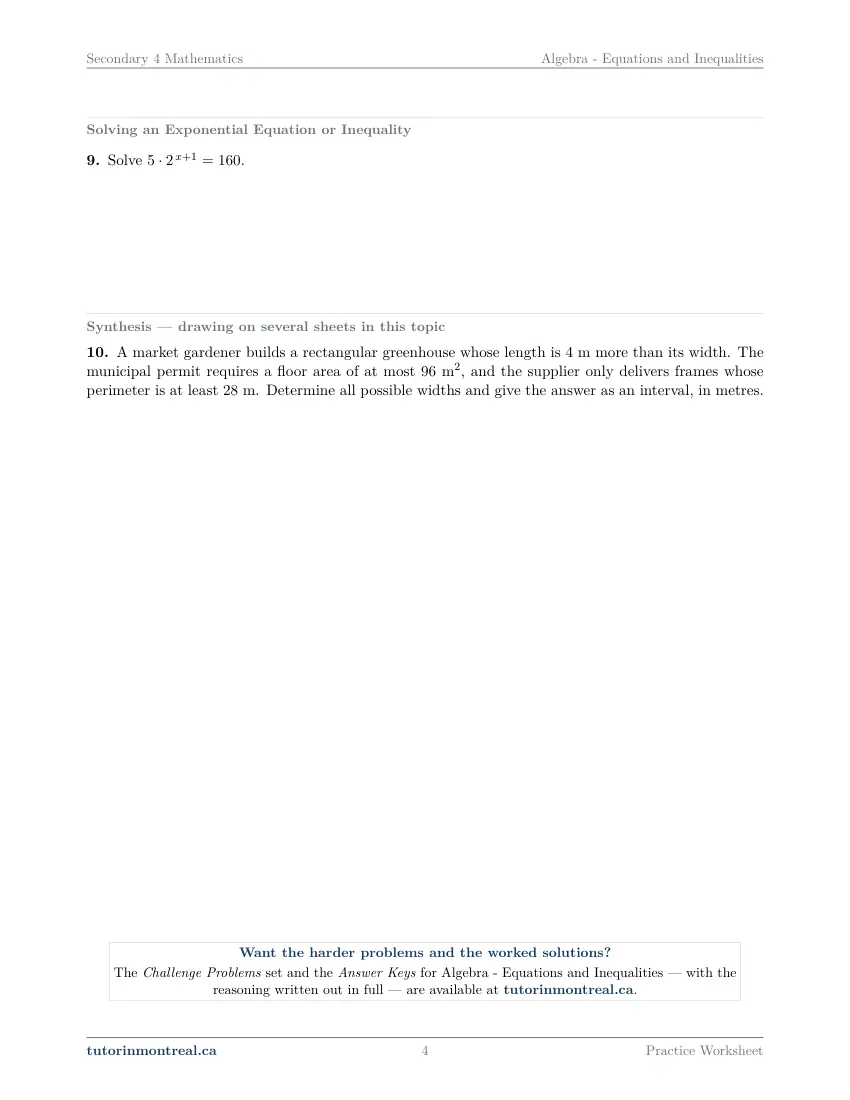 Page 4 of the Secondary 4 Math Equations and Inequalities practice worksheet