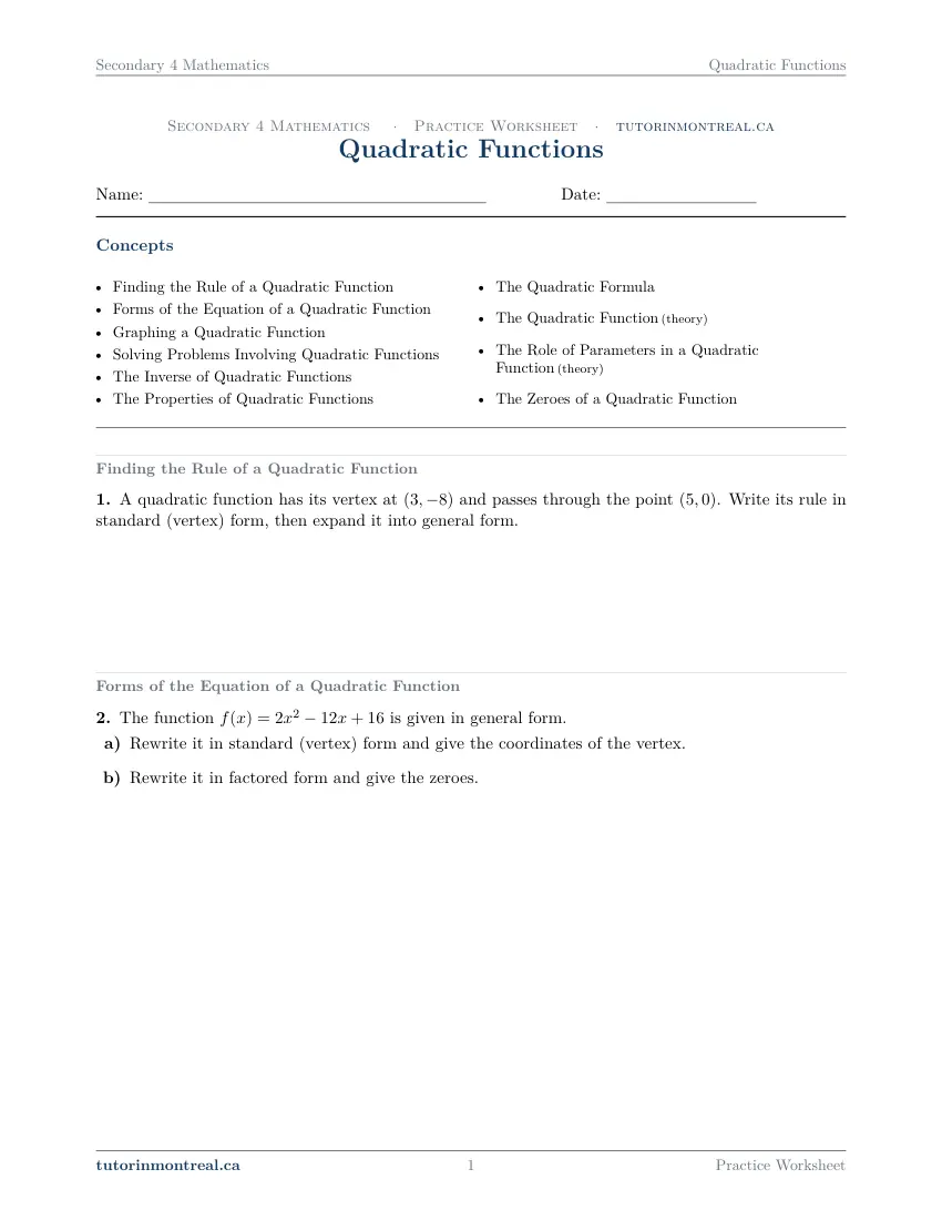 Page 1 of the Secondary 4 Math Quadratic Functions practice worksheet