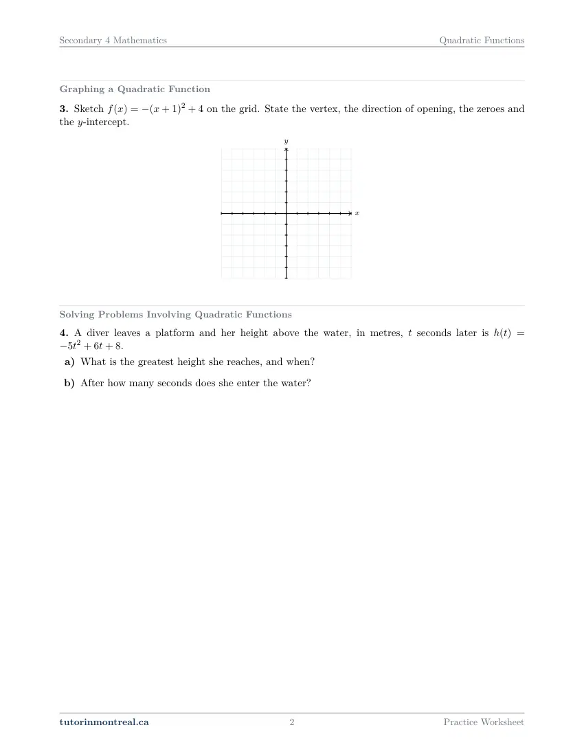 Page 2 of the Secondary 4 Math Quadratic Functions practice worksheet