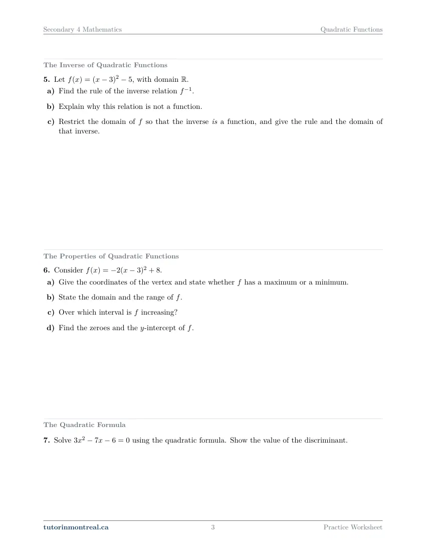 Page 3 of the Secondary 4 Math Quadratic Functions practice worksheet