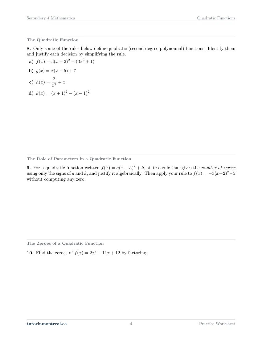 Page 4 of the Secondary 4 Math Quadratic Functions practice worksheet