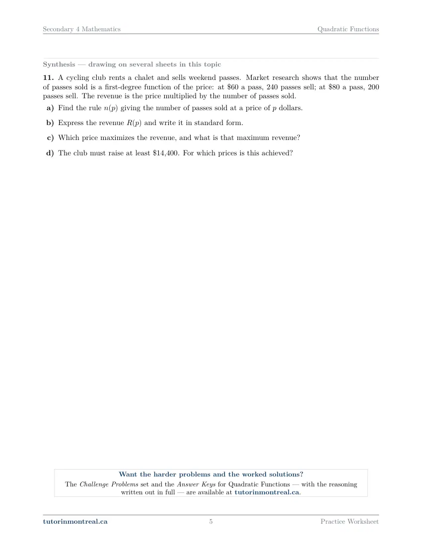 Page 5 of the Secondary 4 Math Quadratic Functions practice worksheet