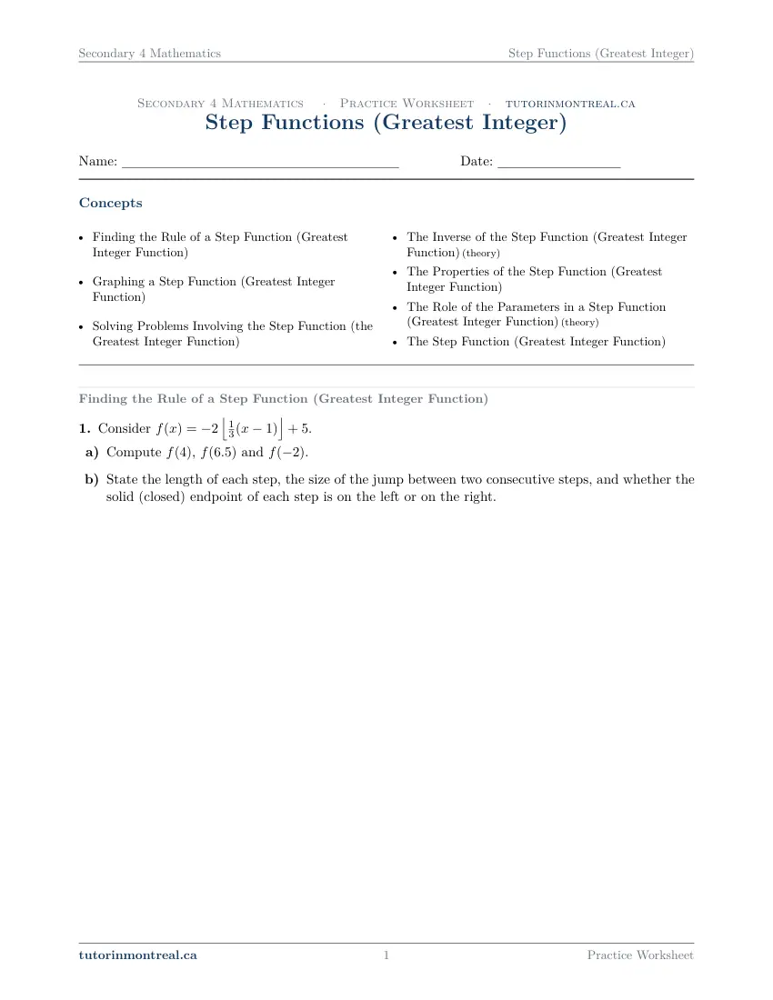 Page 1 of the Secondary 4 Math Step Functions (Greatest Integer) practice worksheet
