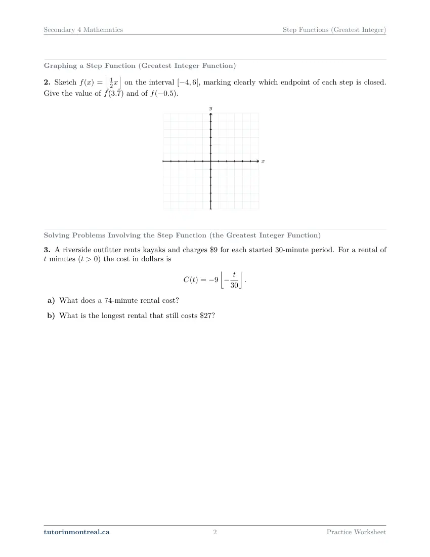 Page 2 of the Secondary 4 Math Step Functions (Greatest Integer) practice worksheet