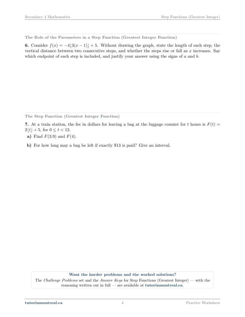 Page 4 of the Secondary 4 Math Step Functions (Greatest Integer) practice worksheet
