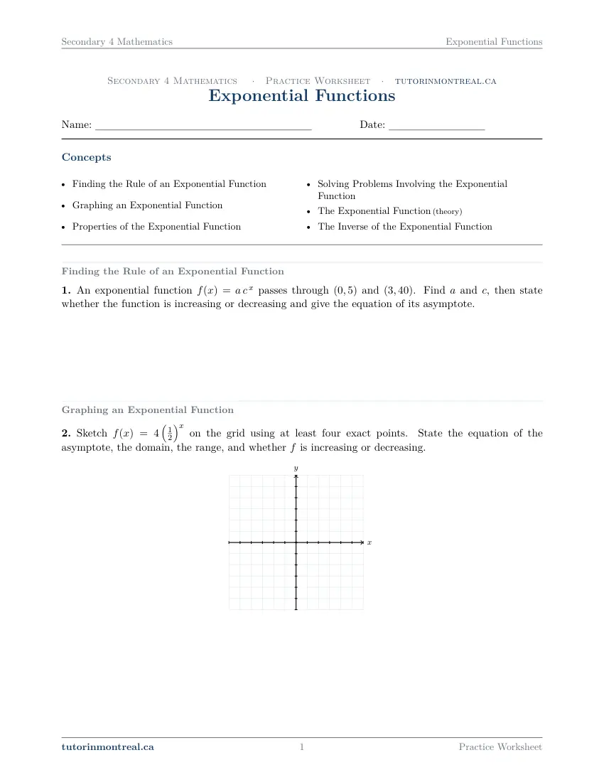 Page 1 of the Secondary 4 Math Exponential Functions practice worksheet