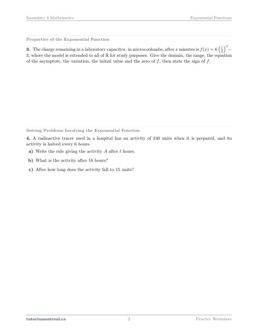 Page 2 of the Secondary 4 Math Exponential Functions practice worksheet