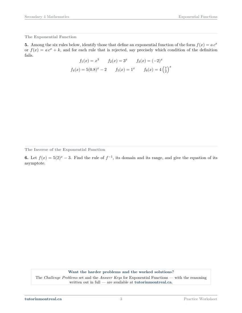 Page 3 of the Secondary 4 Math Exponential Functions practice worksheet