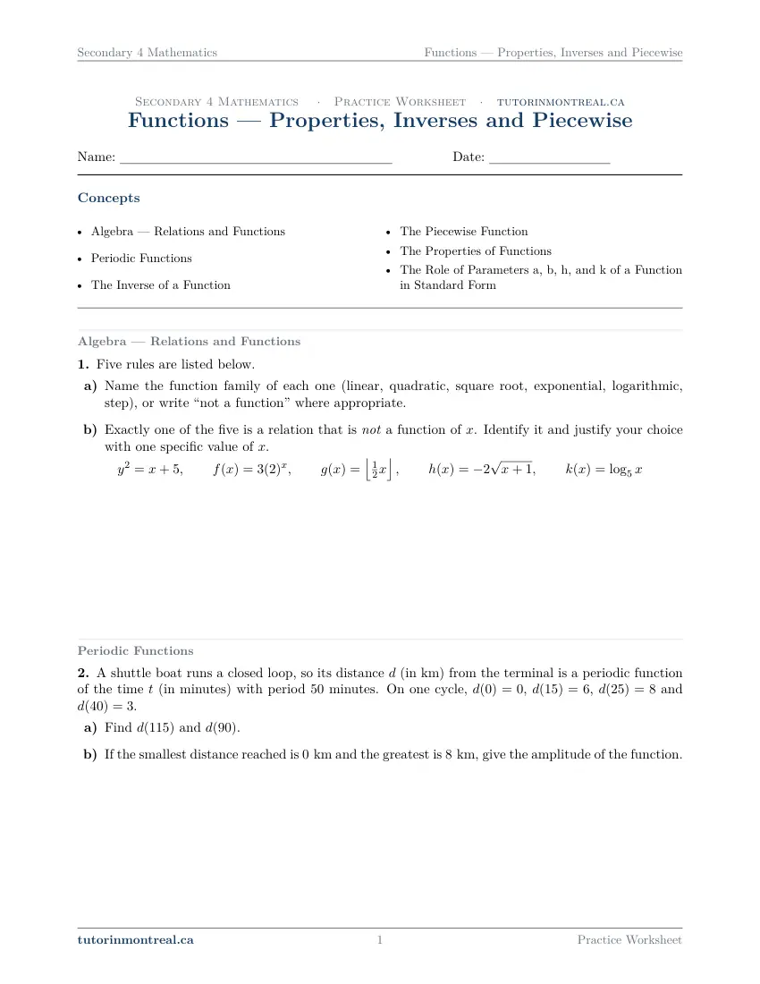 Page 1 of the Secondary 4 Math Functions - Properties, Inverses and Piecewise practice worksheet