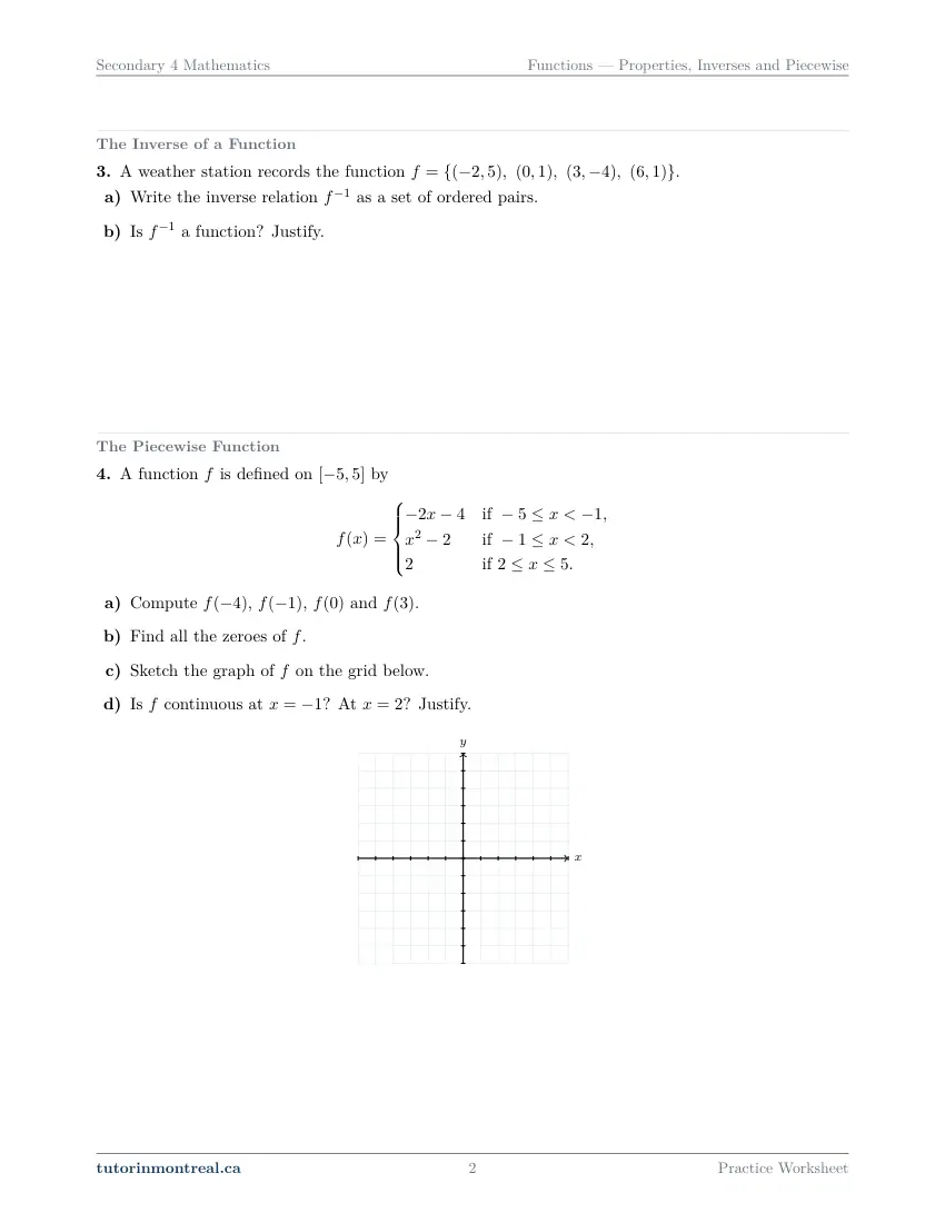 Page 2 of the Secondary 4 Math Functions - Properties, Inverses and Piecewise practice worksheet