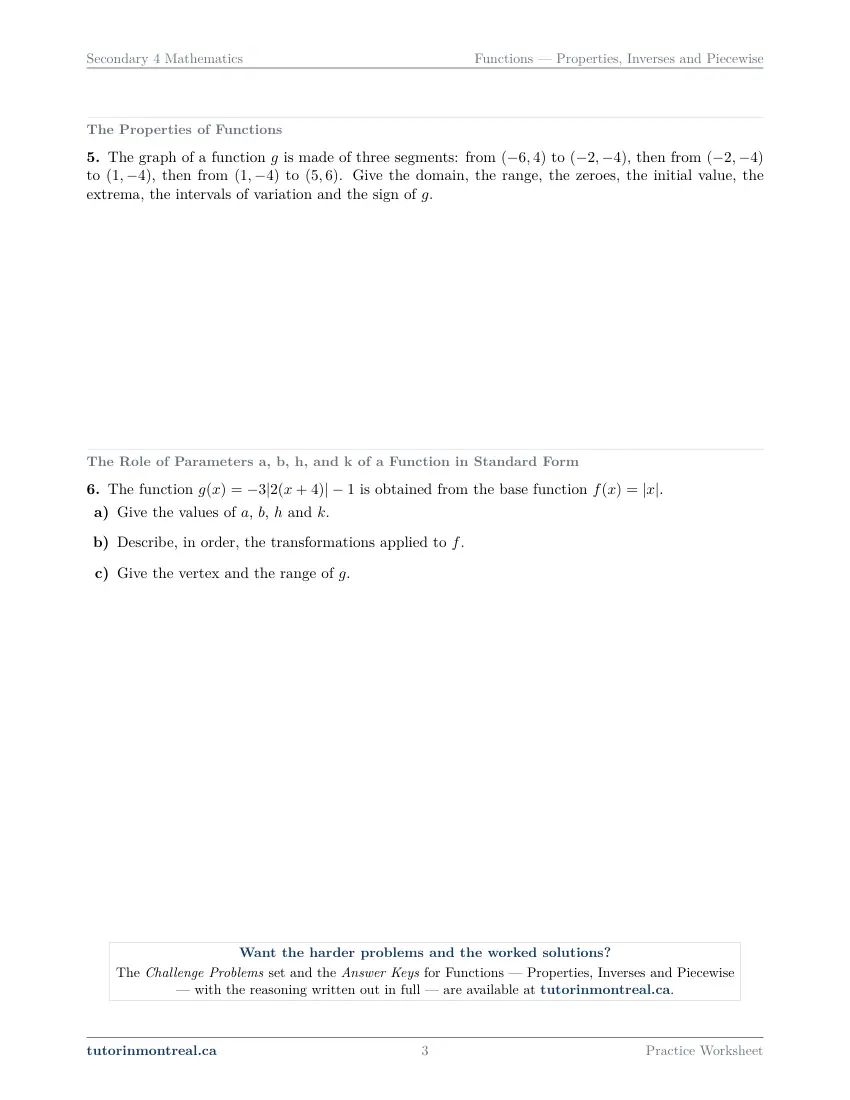 Page 3 of the Secondary 4 Math Functions - Properties, Inverses and Piecewise practice worksheet