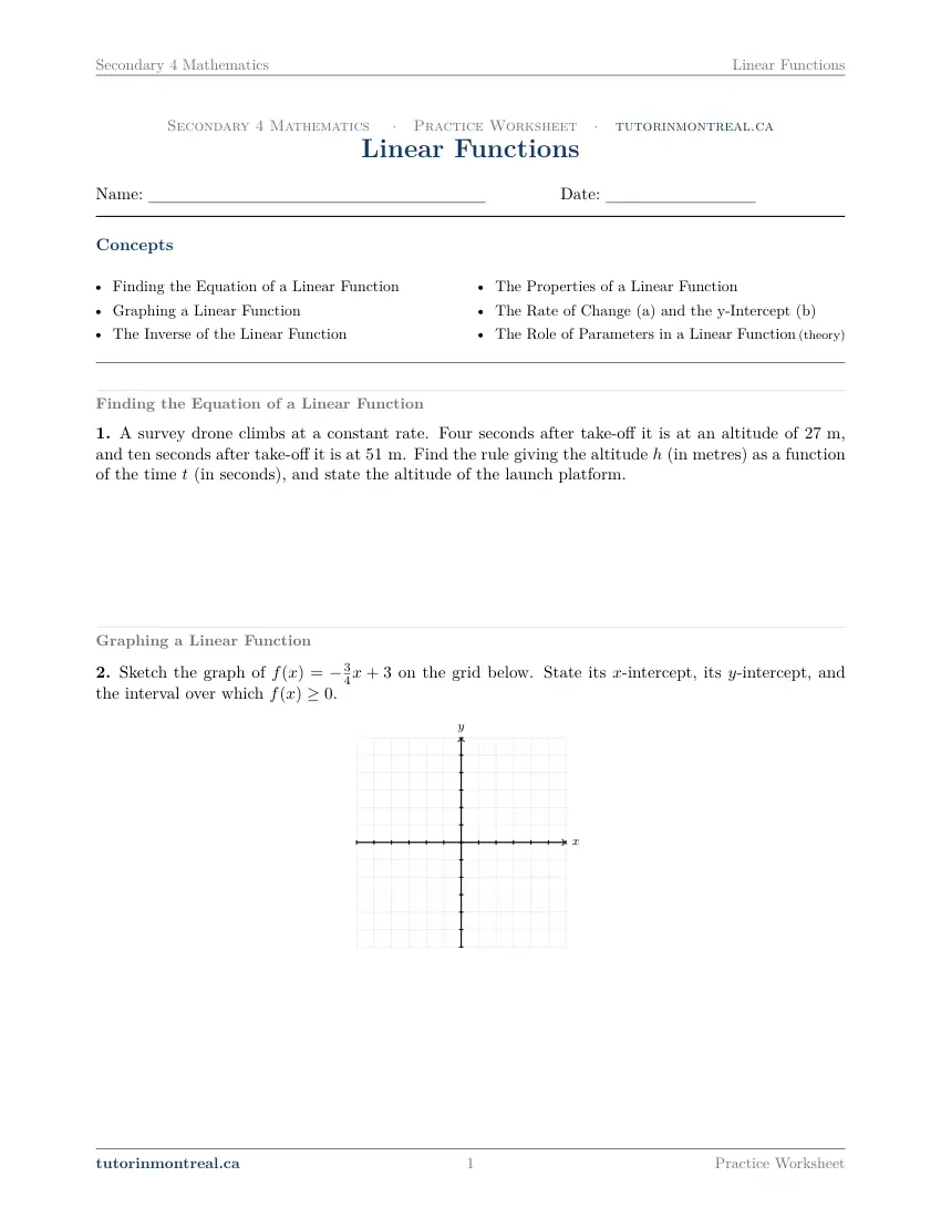Page 1 of the Secondary 4 Math Linear Functions practice worksheet
