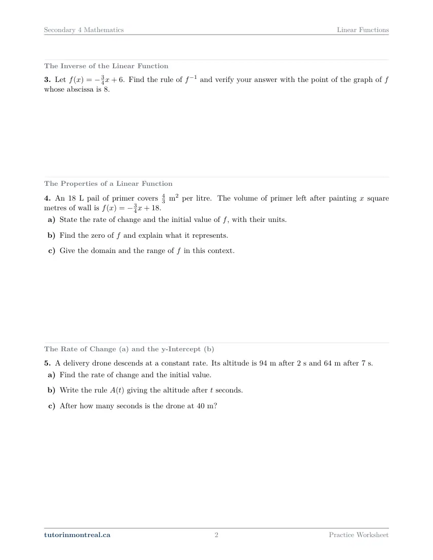 Page 2 of the Secondary 4 Math Linear Functions practice worksheet