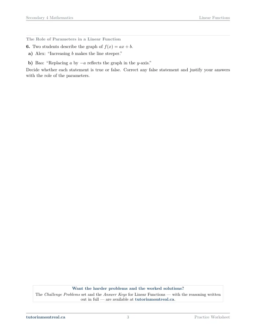 Page 3 of the Secondary 4 Math Linear Functions practice worksheet