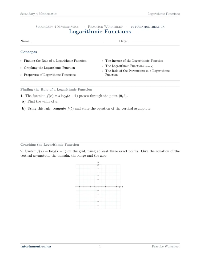 Page 1 of the Secondary 4 Math Logarithmic Functions practice worksheet