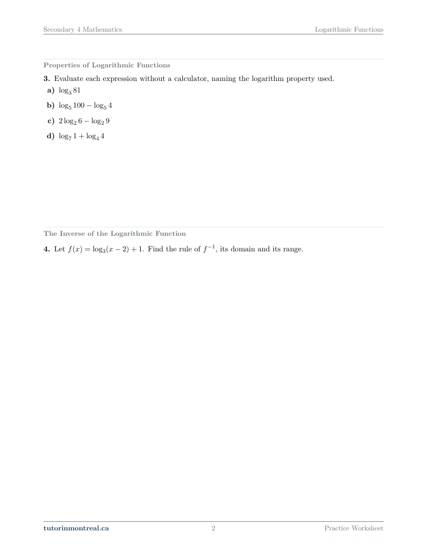 Page 2 of the Secondary 4 Math Logarithmic Functions practice worksheet