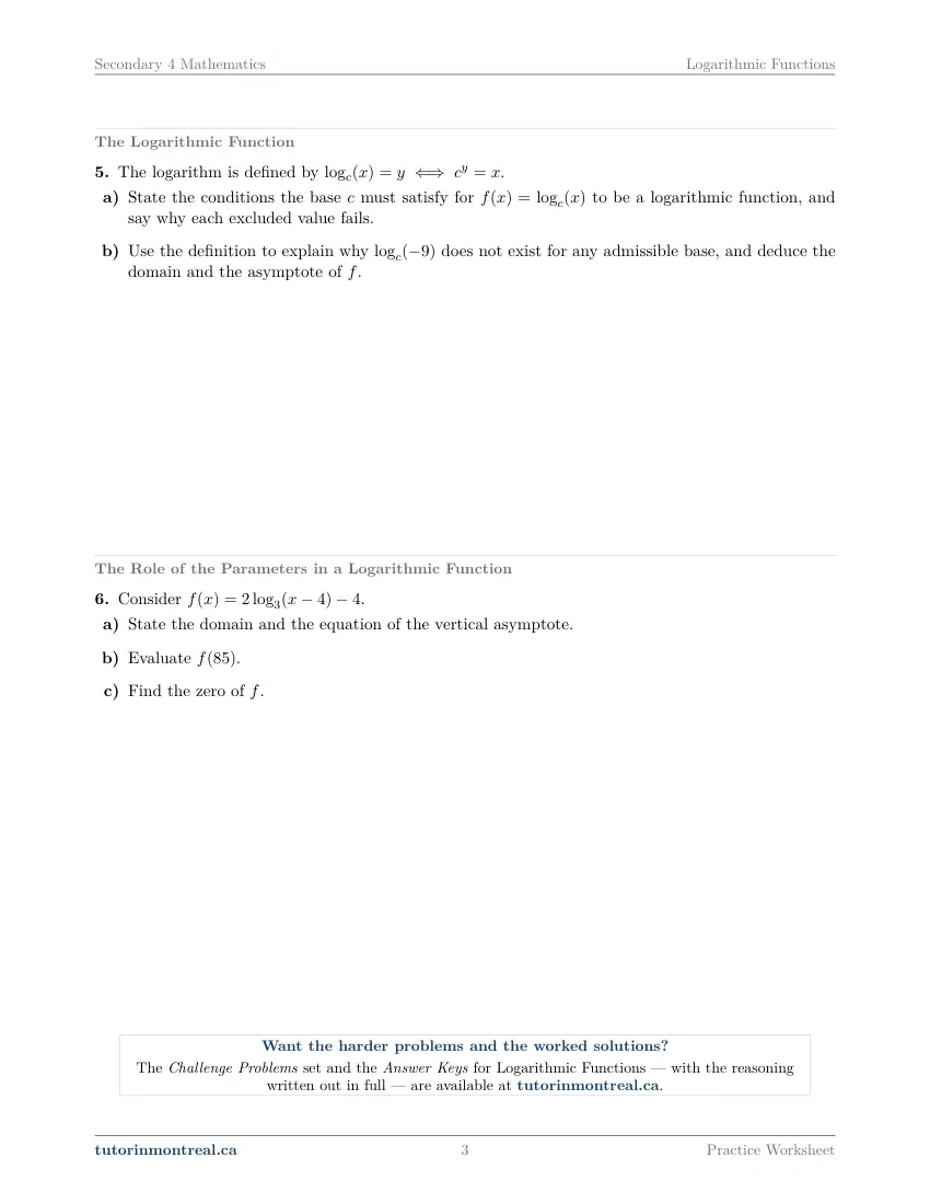 Page 3 of the Secondary 4 Math Logarithmic Functions practice worksheet