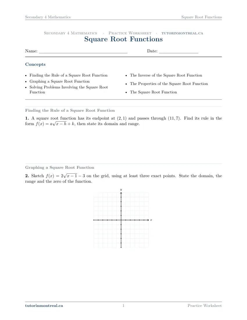Page 1 of the Secondary 4 Math Square Root Functions practice worksheet