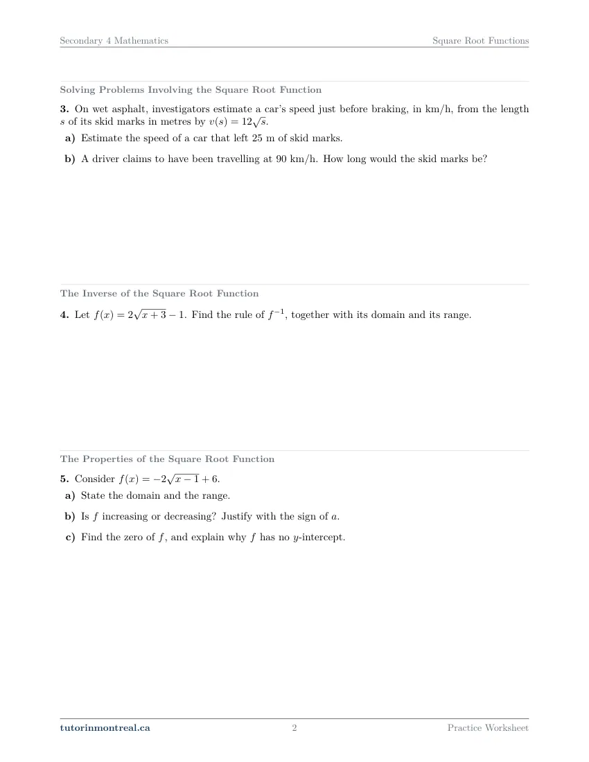 Page 2 of the Secondary 4 Math Square Root Functions practice worksheet