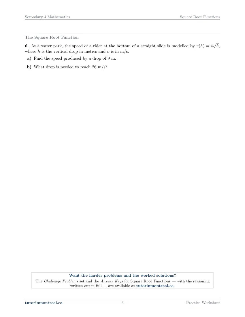 Page 3 of the Secondary 4 Math Square Root Functions practice worksheet
