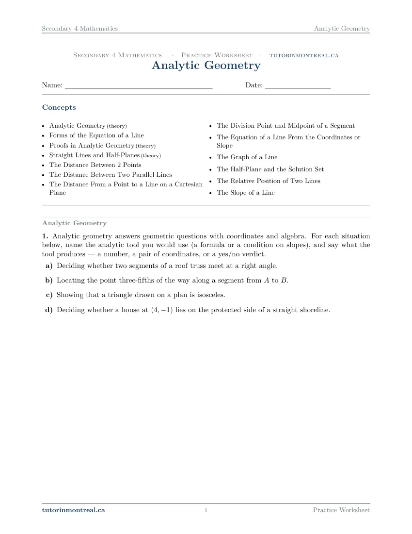 Page 1 of the Secondary 4 Math Analytic Geometry practice worksheet