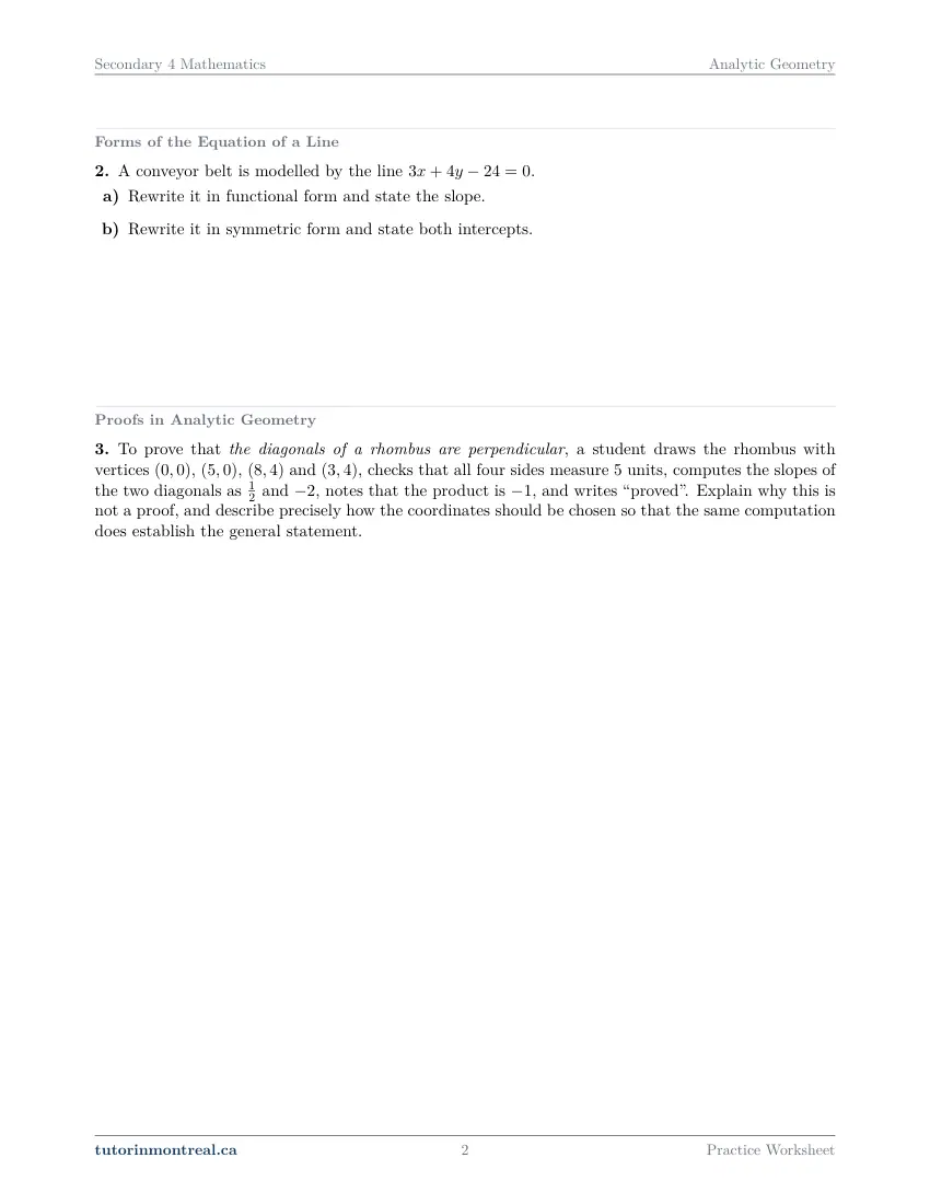 Page 2 of the Secondary 4 Math Analytic Geometry practice worksheet