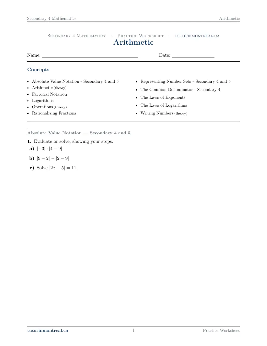 Page 1 of the Secondary 4 Math Arithmetic practice worksheet