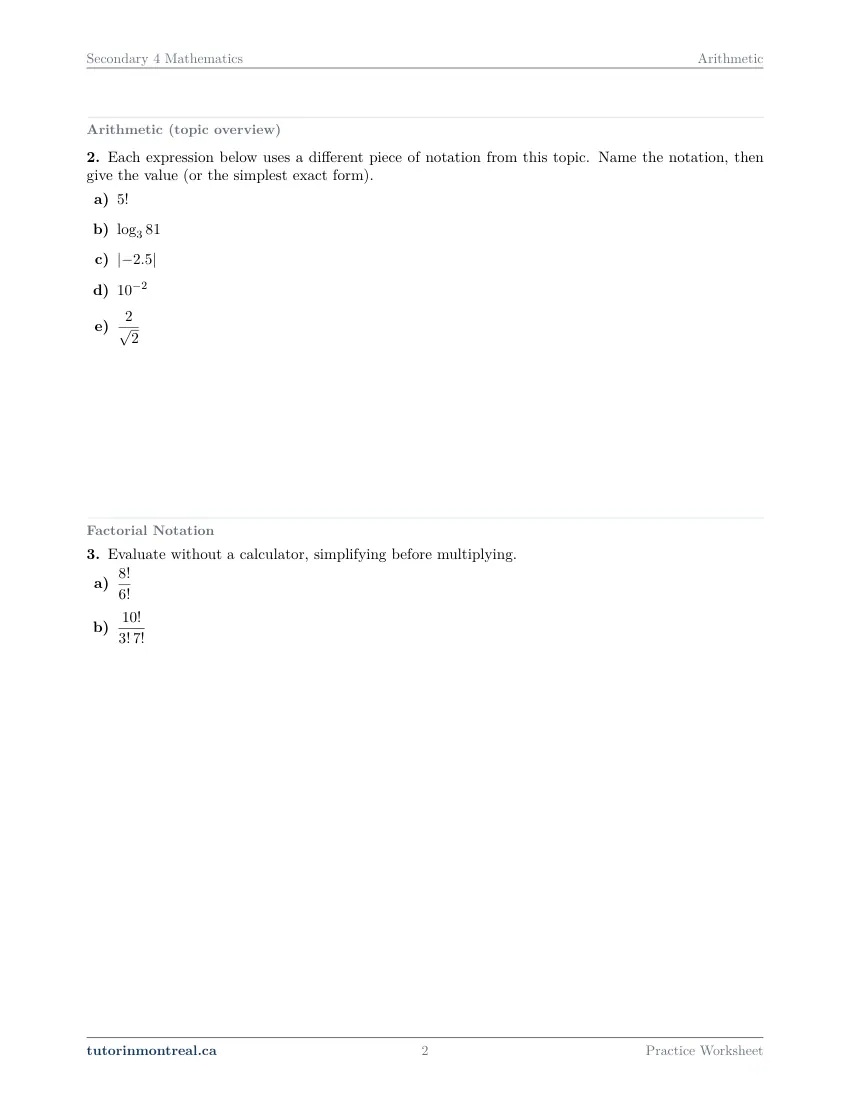 Page 2 of the Secondary 4 Math Arithmetic practice worksheet
