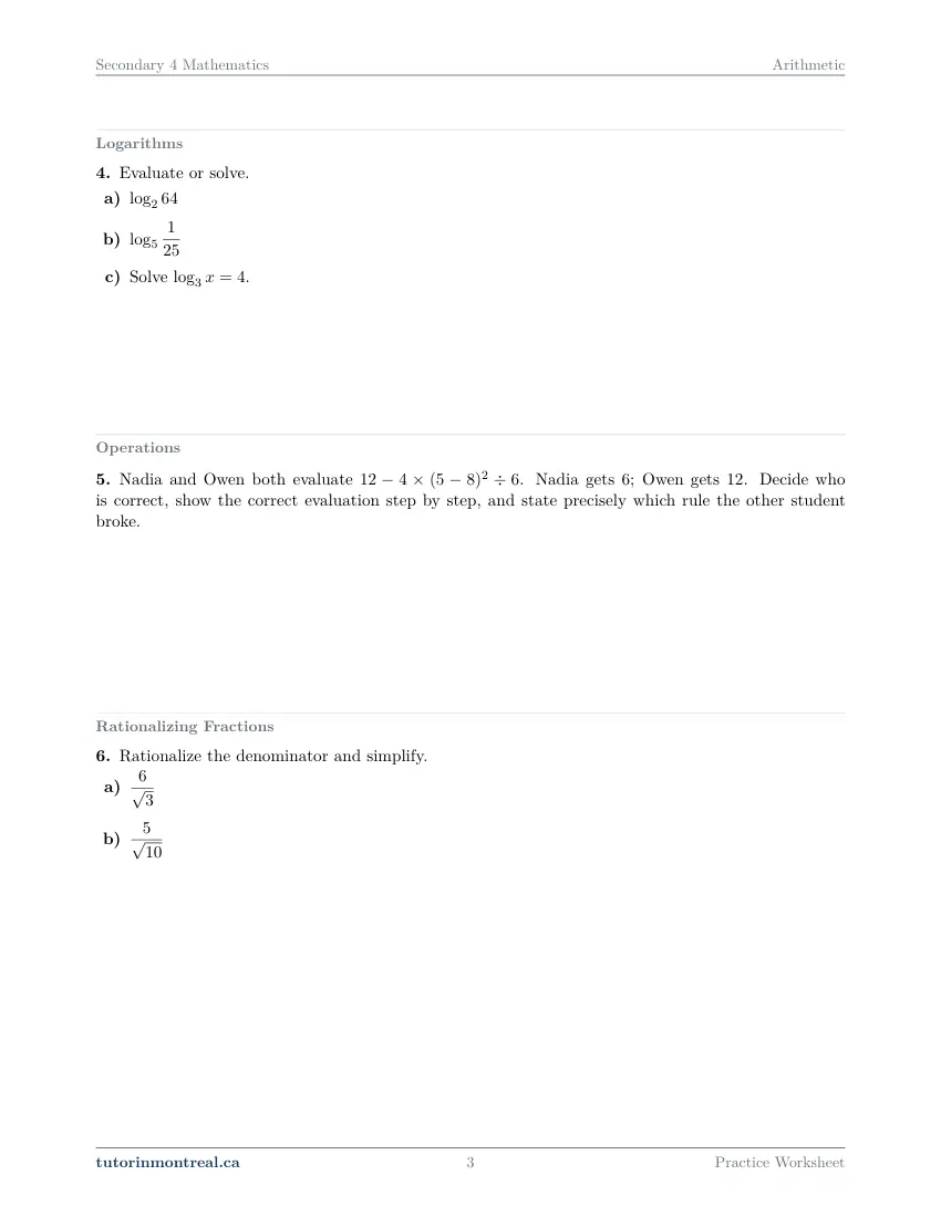 Page 3 of the Secondary 4 Math Arithmetic practice worksheet