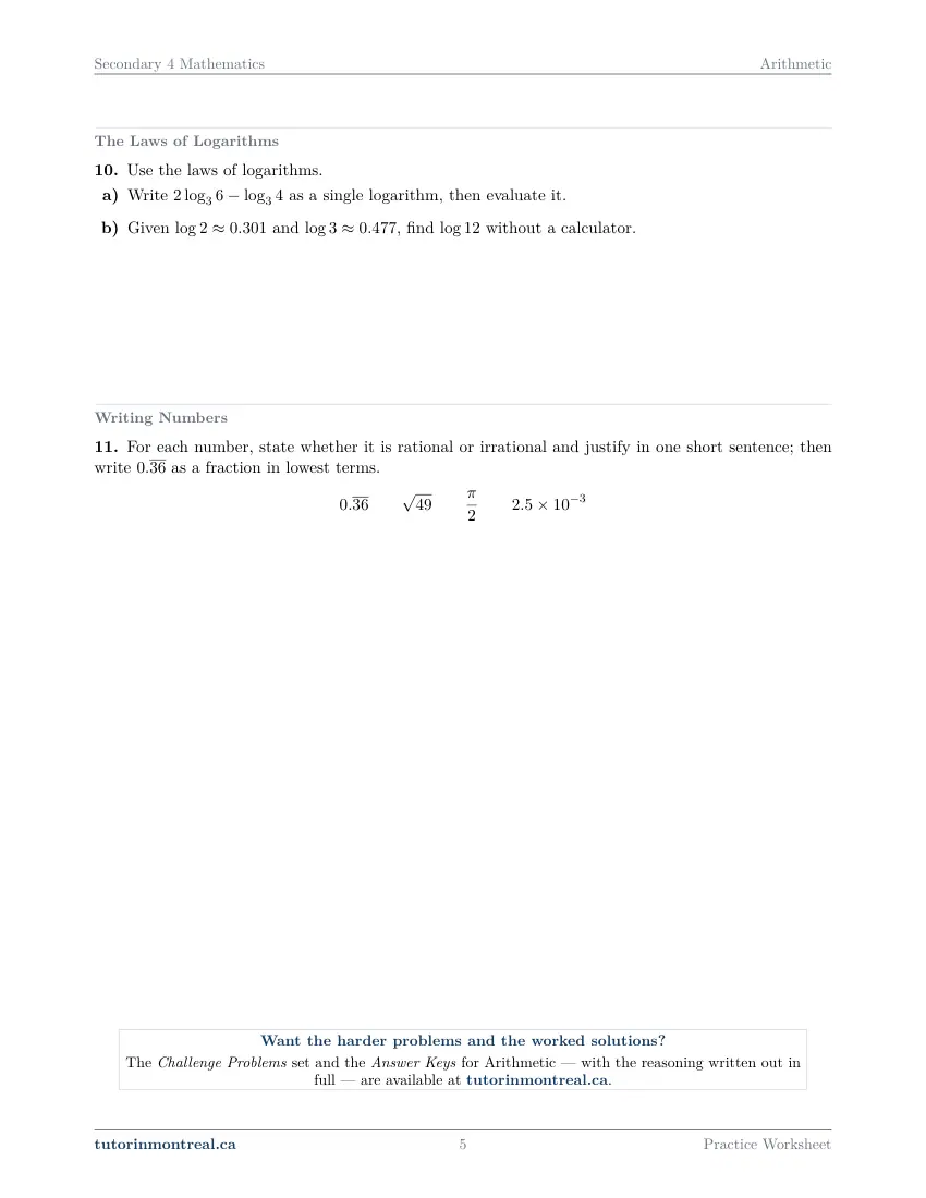 Page 5 of the Secondary 4 Math Arithmetic practice worksheet