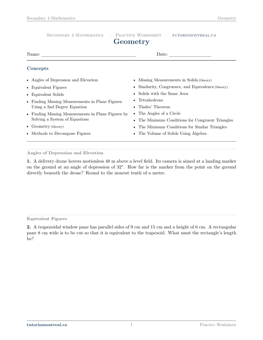 Page 1 of the Secondary 4 Math Geometry practice worksheet