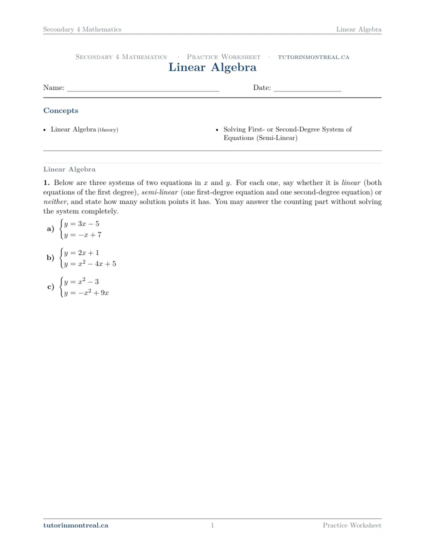 Page 1 of the Secondary 4 Math Linear Algebra practice worksheet