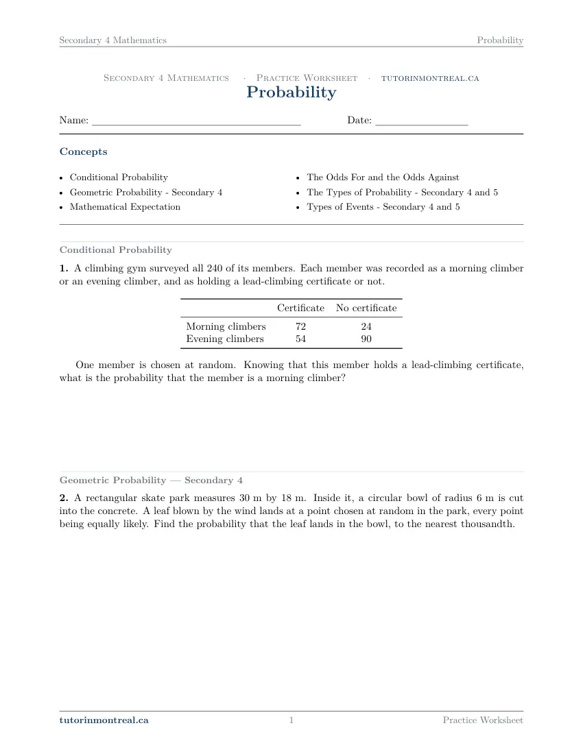 Page 1 of the Secondary 4 Math Probability practice worksheet