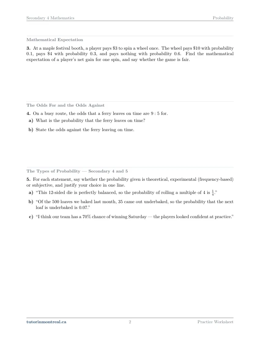 Page 2 of the Secondary 4 Math Probability practice worksheet