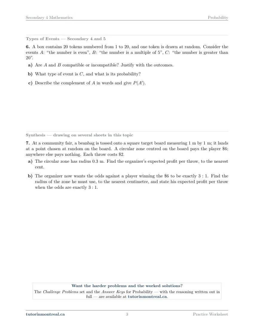 Page 3 of the Secondary 4 Math Probability practice worksheet