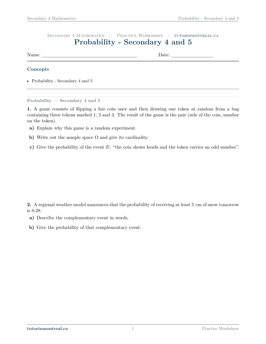 Page 1 of the Secondary 4 Math Probability - Secondary 4 and 5 practice worksheet