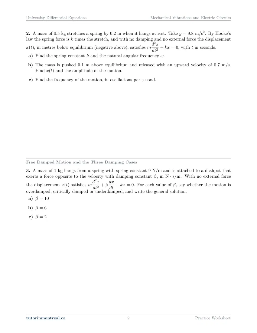 Page 2 of the University Differential Equations Mechanical Vibrations and Electric Circuits practice worksheet