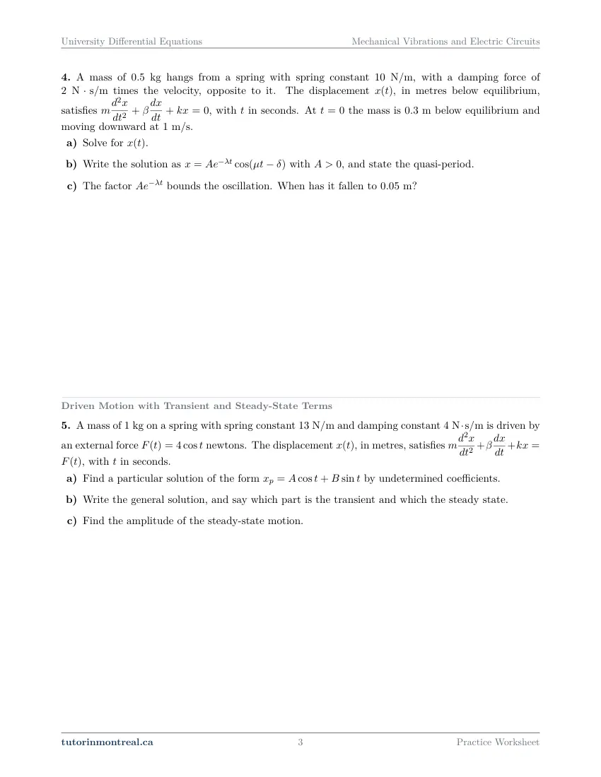Page 3 of the University Differential Equations Mechanical Vibrations and Electric Circuits practice worksheet
