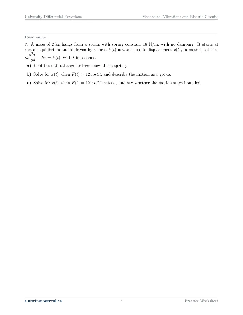 Page 5 of the University Differential Equations Mechanical Vibrations and Electric Circuits practice worksheet