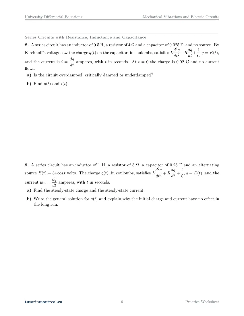 Page 6 of the University Differential Equations Mechanical Vibrations and Electric Circuits practice worksheet