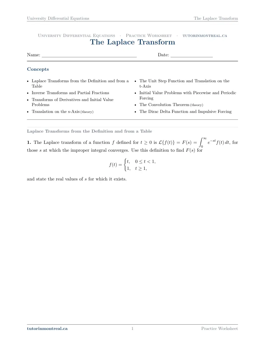 Page 1 of the University Differential Equations The Laplace Transform practice worksheet