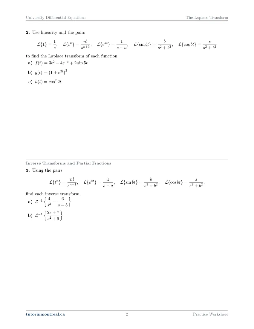 Page 2 of the University Differential Equations The Laplace Transform practice worksheet