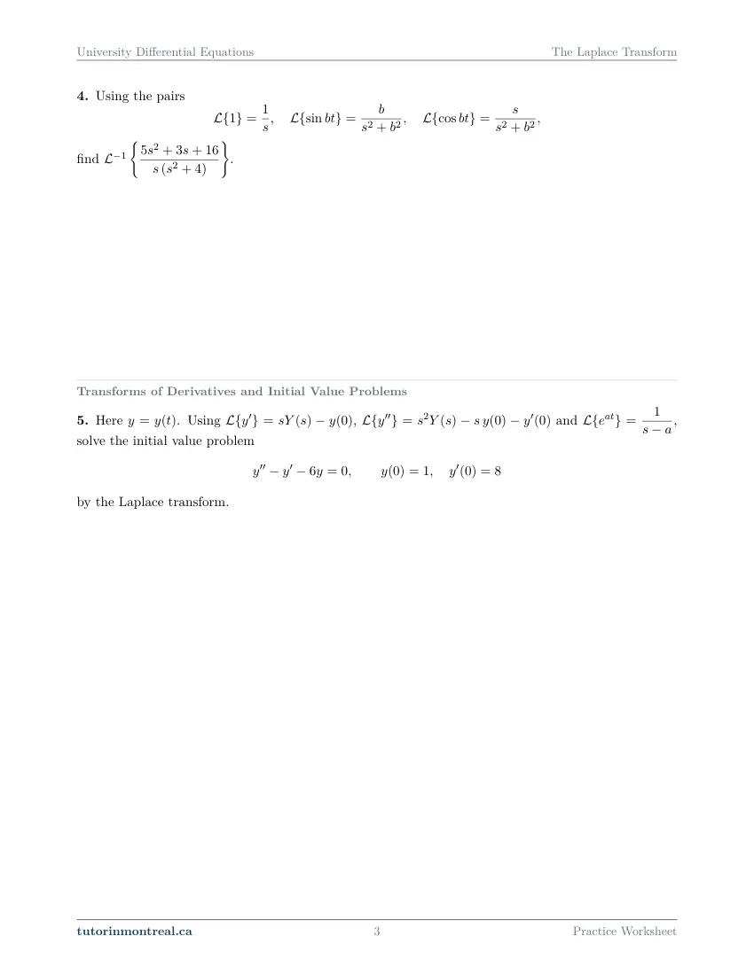 Page 3 of the University Differential Equations The Laplace Transform practice worksheet