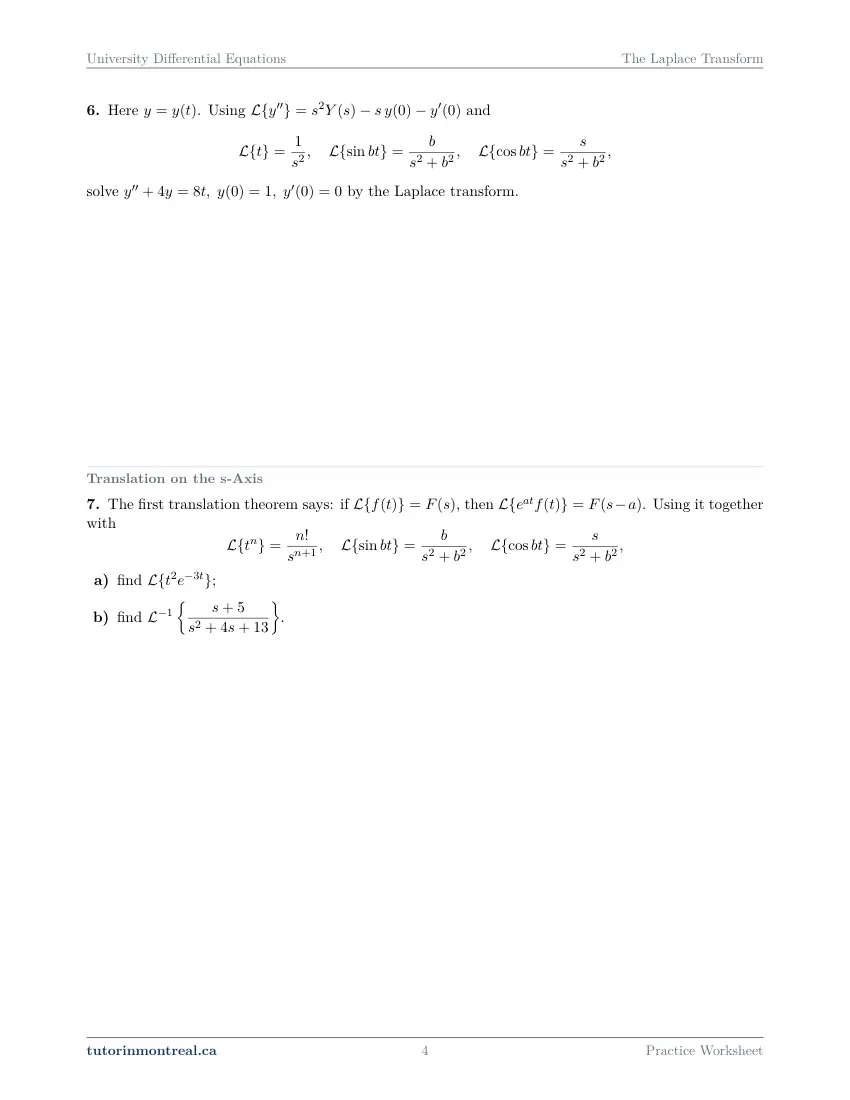 Page 4 of the University Differential Equations The Laplace Transform practice worksheet