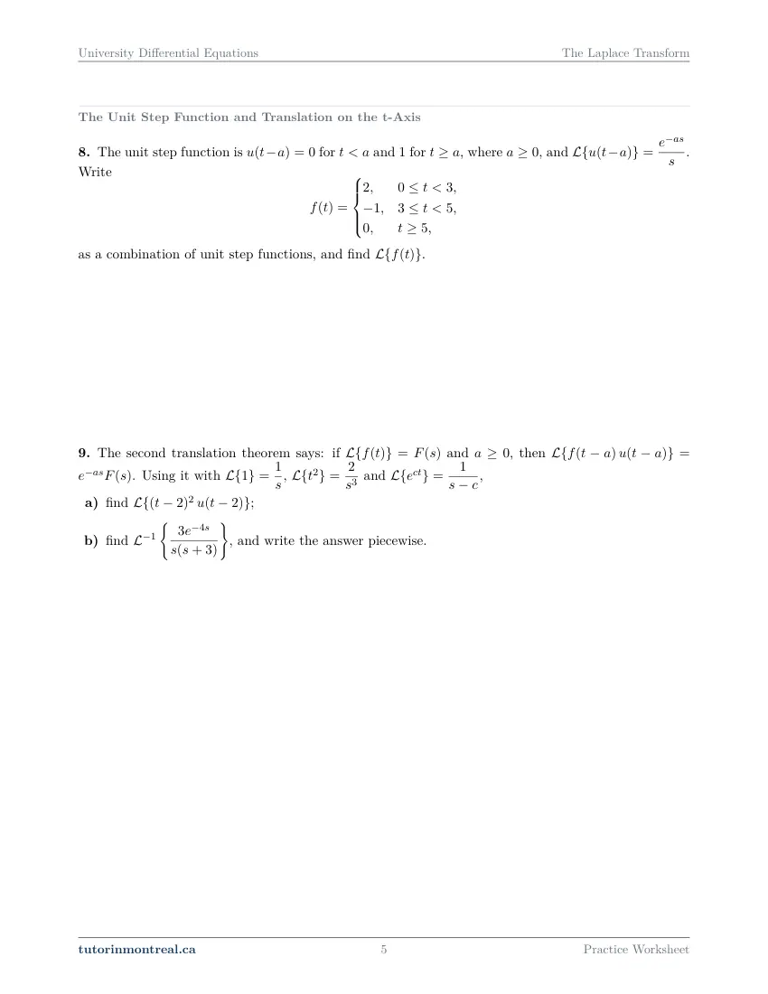 Page 5 of the University Differential Equations The Laplace Transform practice worksheet