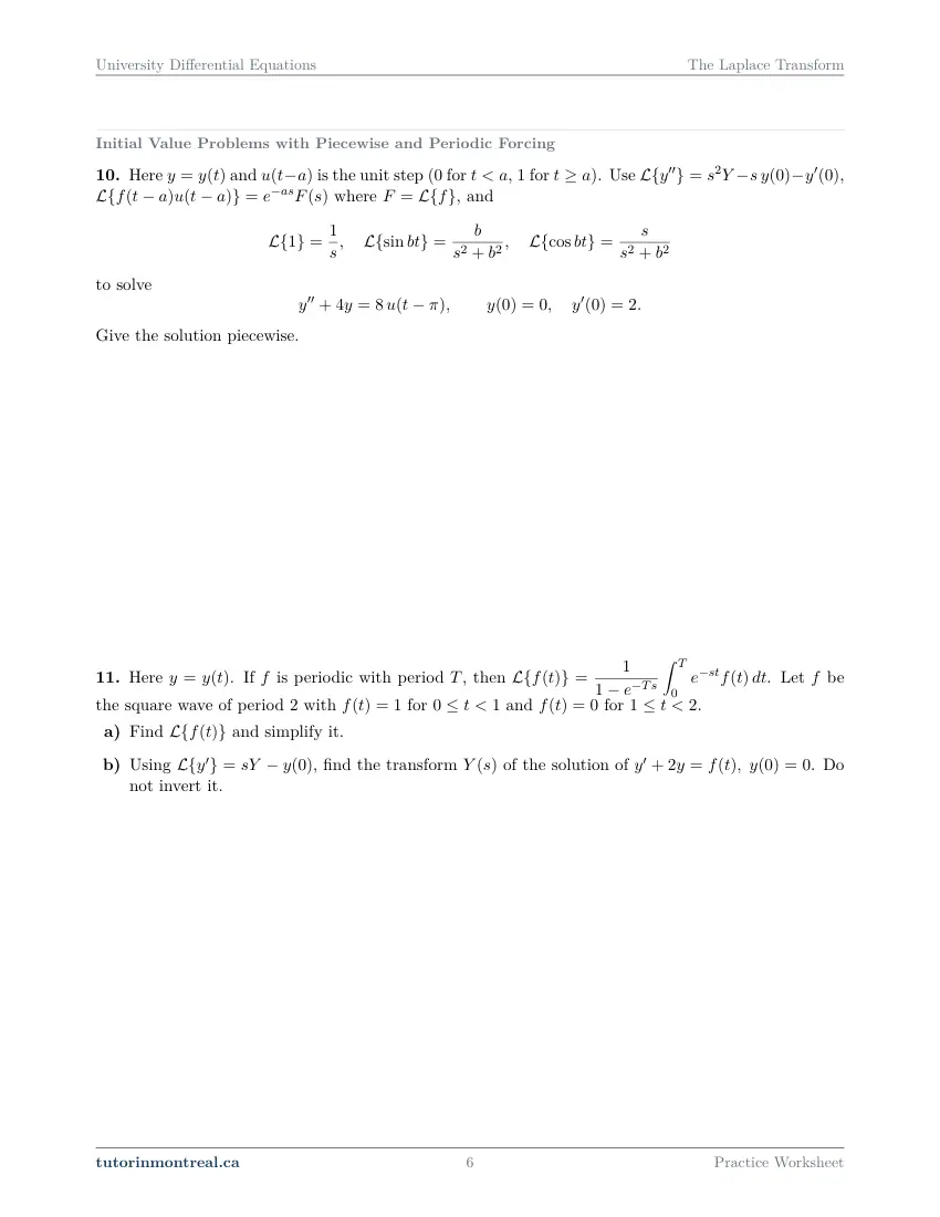 Page 6 of the University Differential Equations The Laplace Transform practice worksheet