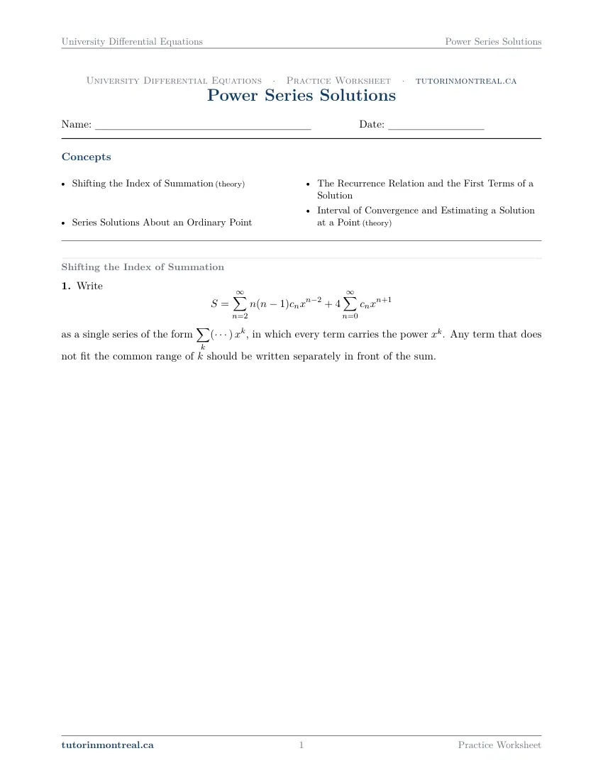 Page 1 of the University Differential Equations Power Series Solutions practice worksheet
