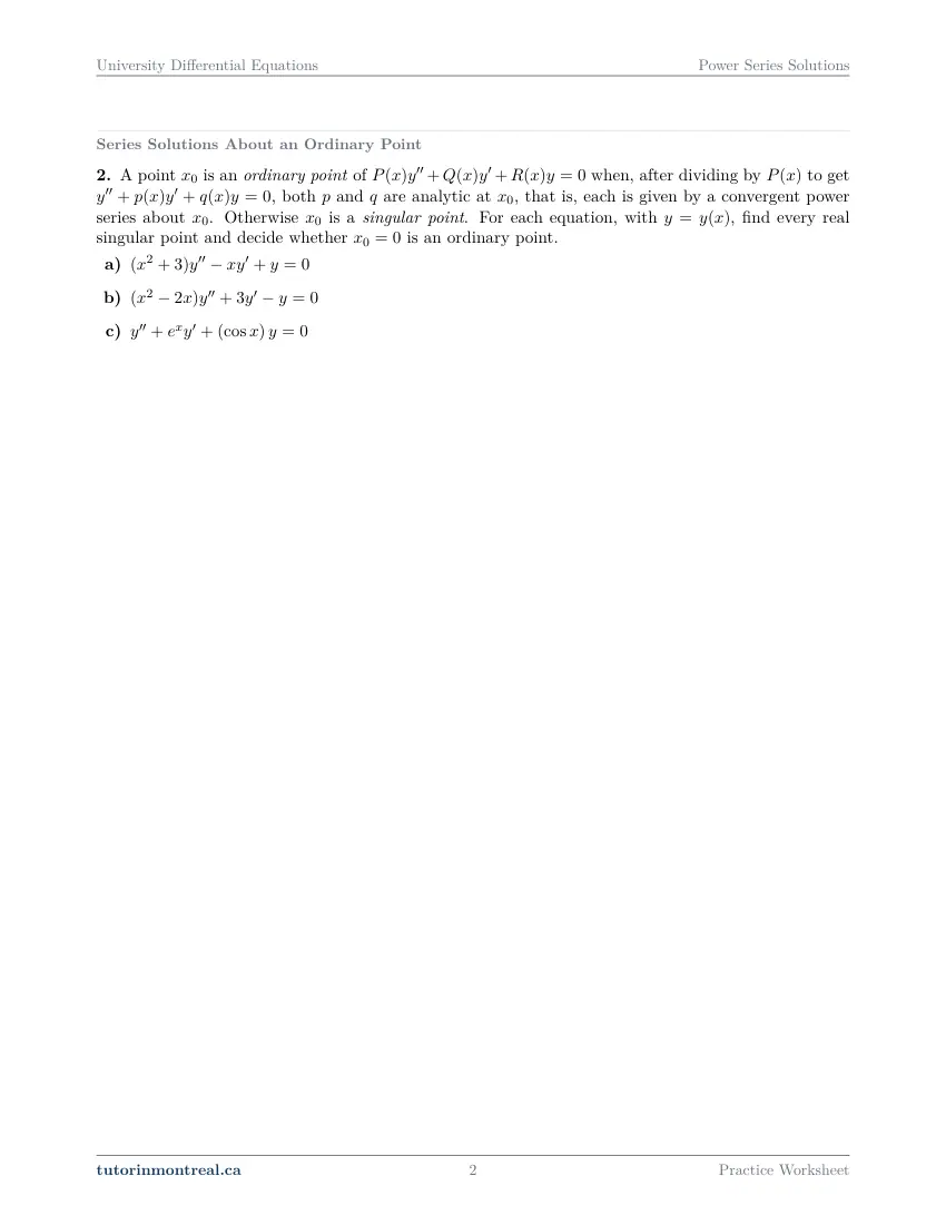 Page 2 of the University Differential Equations Power Series Solutions practice worksheet